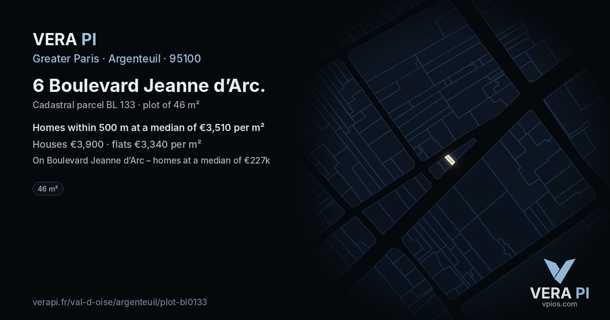 6 Boulevard Jeanne d’Arc, Argenteuil at night – the plot lit, the parcels around coloured by the prices near them