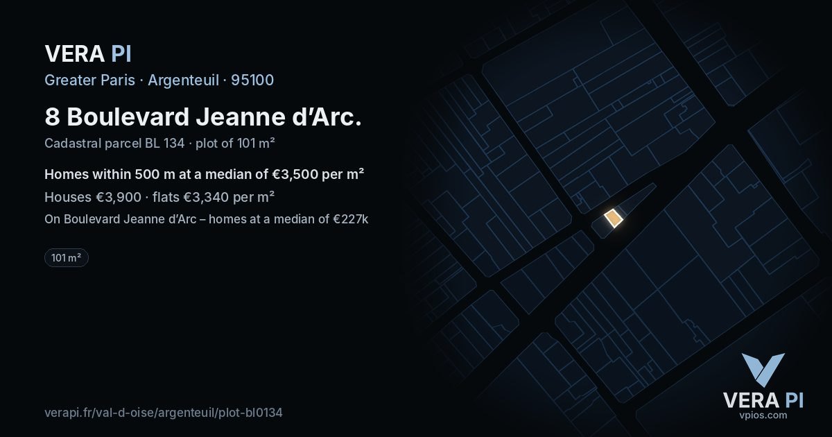8 Boulevard Jeanne d’Arc, Argenteuil at night – the plot lit, the parcels around coloured by the prices near them