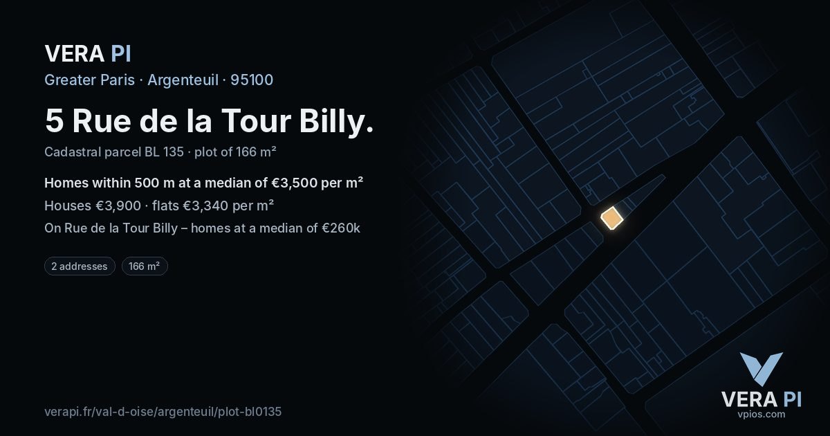 5 Rue de la Tour Billy, Argenteuil at night – the plot lit, the parcels around coloured by the prices near them