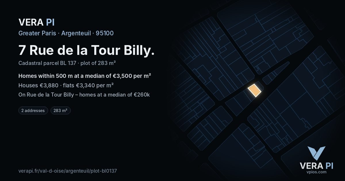 7 Rue de la Tour Billy, Argenteuil at night – the plot lit, the parcels around coloured by the prices near them