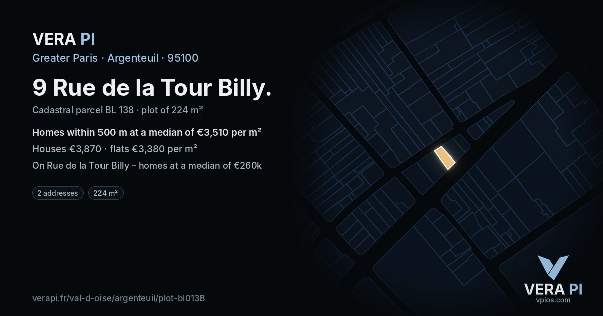 9 Rue de la Tour Billy, Argenteuil at night – the plot lit, the parcels around coloured by the prices near them