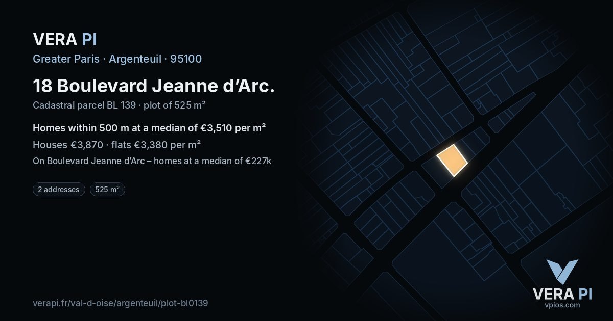 18 Boulevard Jeanne d’Arc, Argenteuil at night – the plot lit, the parcels around coloured by the prices near them