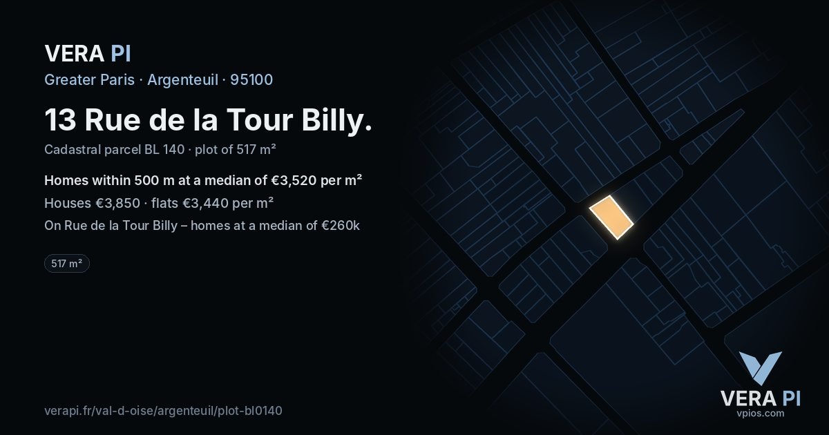 13 Rue de la Tour Billy, Argenteuil at night – the plot lit, the parcels around coloured by the prices near them