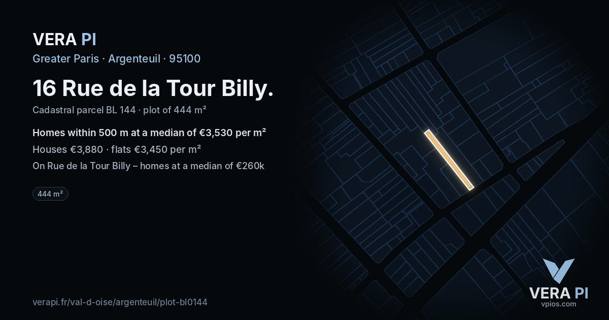 16 Rue de la Tour Billy, Argenteuil at night – the plot lit, the parcels around coloured by the prices near them