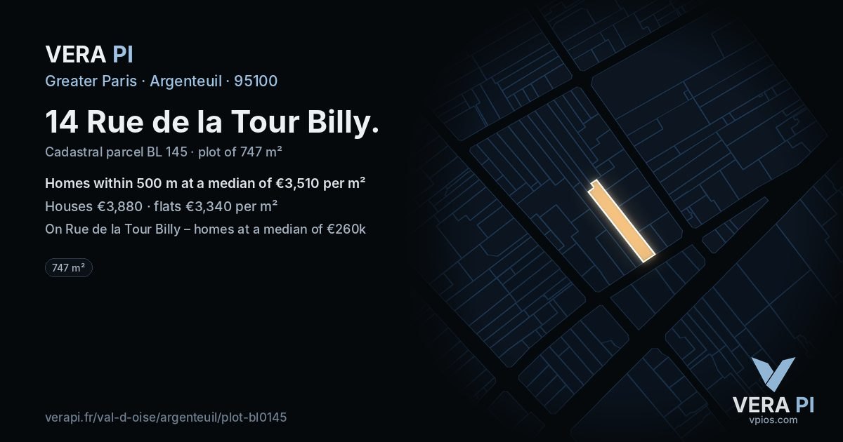 14 Rue de la Tour Billy, Argenteuil at night – the plot lit, the parcels around coloured by the prices near them