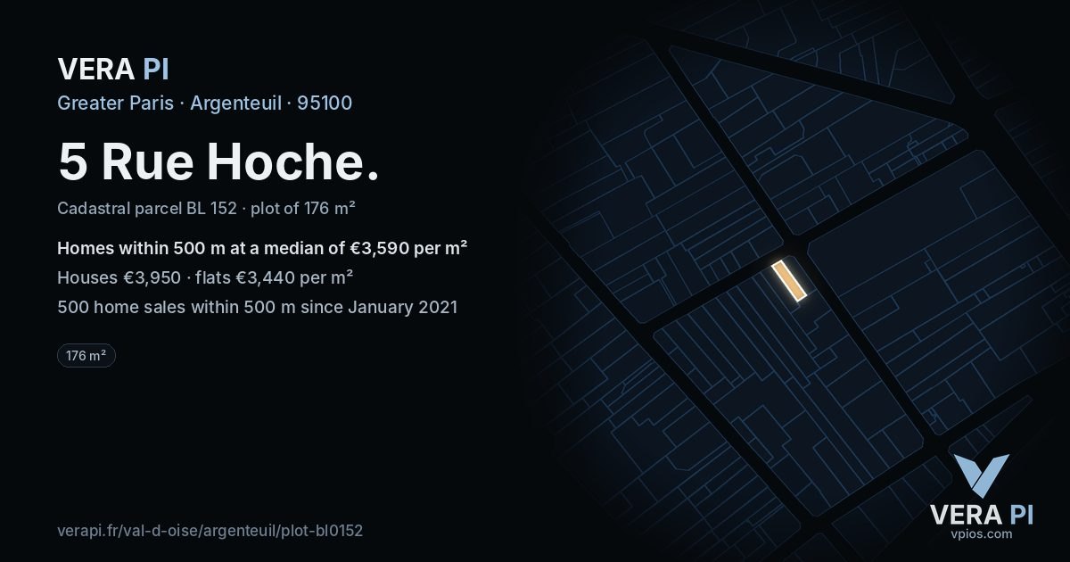 5 Rue Hoche, Argenteuil at night – the plot lit, the parcels around coloured by the prices near them