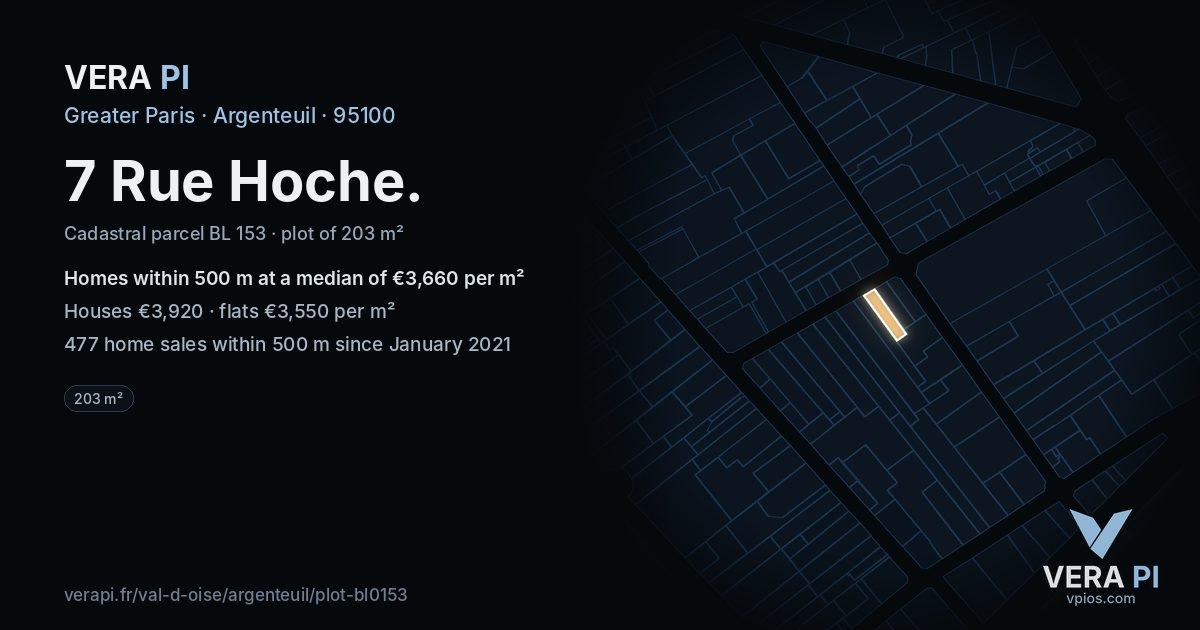 7 Rue Hoche, Argenteuil at night – the plot lit, the parcels around coloured by the prices near them
