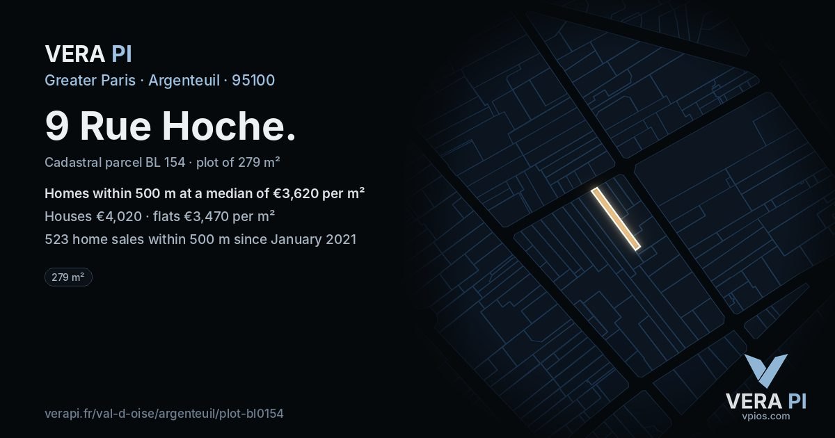 9 Rue Hoche, Argenteuil at night – the plot lit, the parcels around coloured by the prices near them