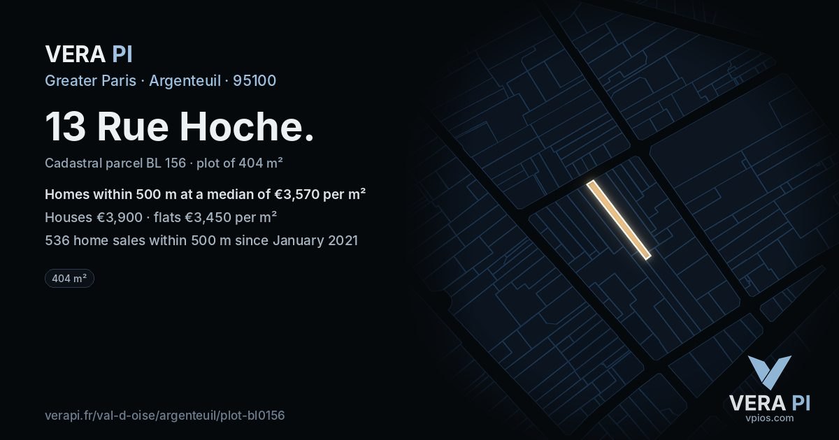 13 Rue Hoche, Argenteuil at night – the plot lit, the parcels around coloured by the prices near them