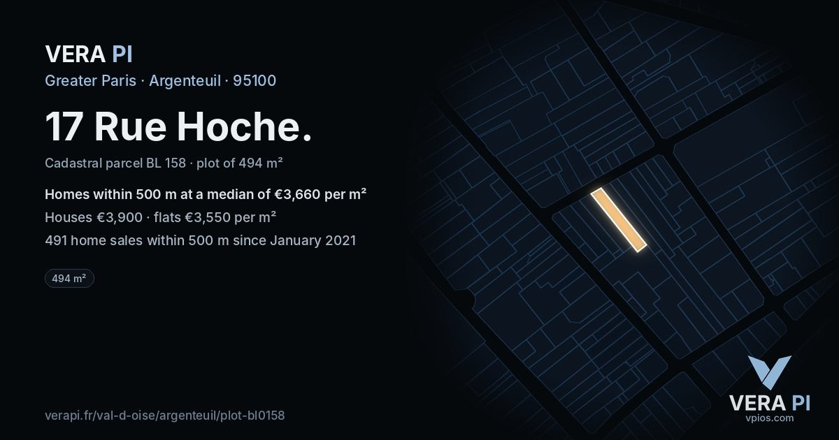 17 Rue Hoche, Argenteuil at night – the plot lit, the parcels around coloured by the prices near them