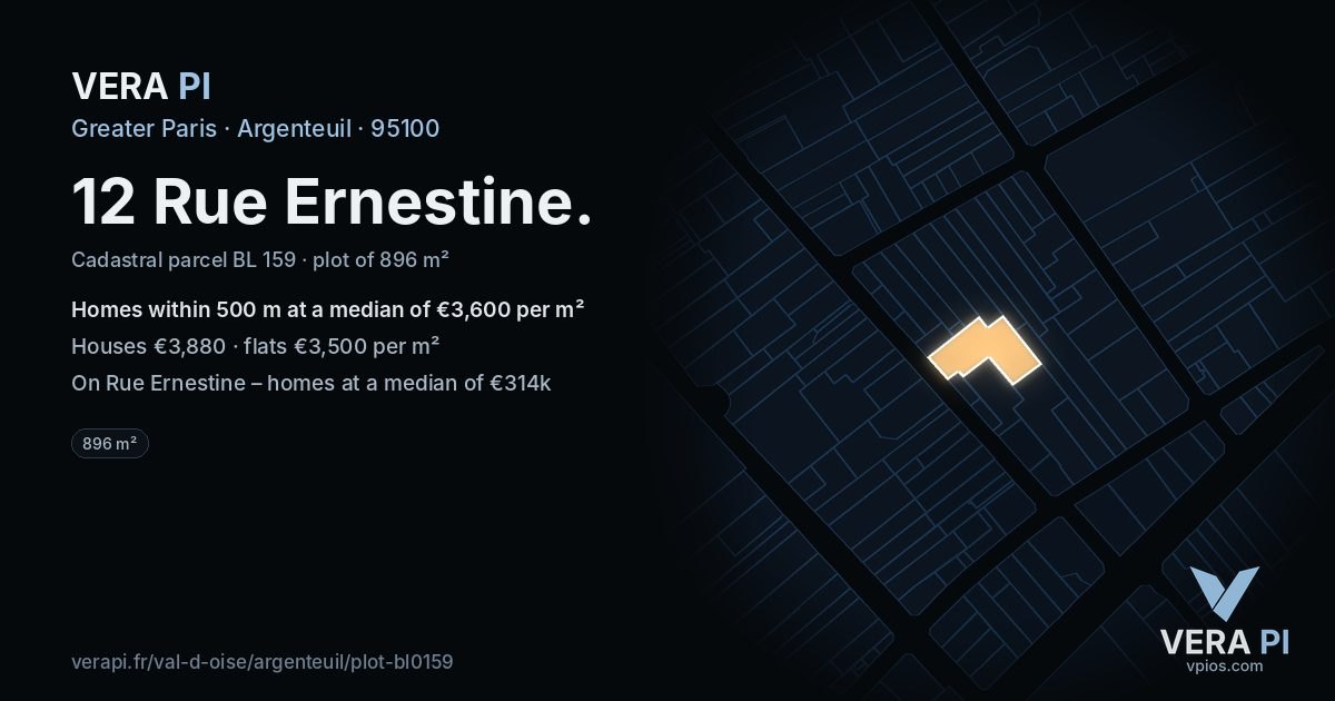 12 Rue Ernestine, Argenteuil at night – the plot lit, the parcels around coloured by the prices near them