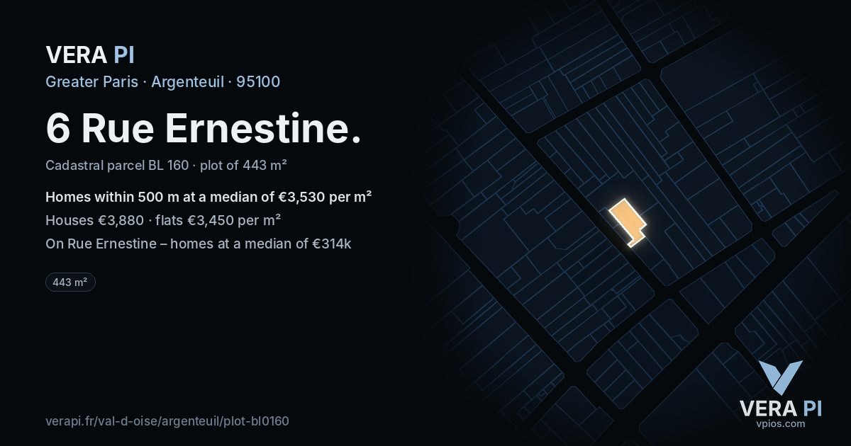 6 Rue Ernestine, Argenteuil at night – the plot lit, the parcels around coloured by the prices near them