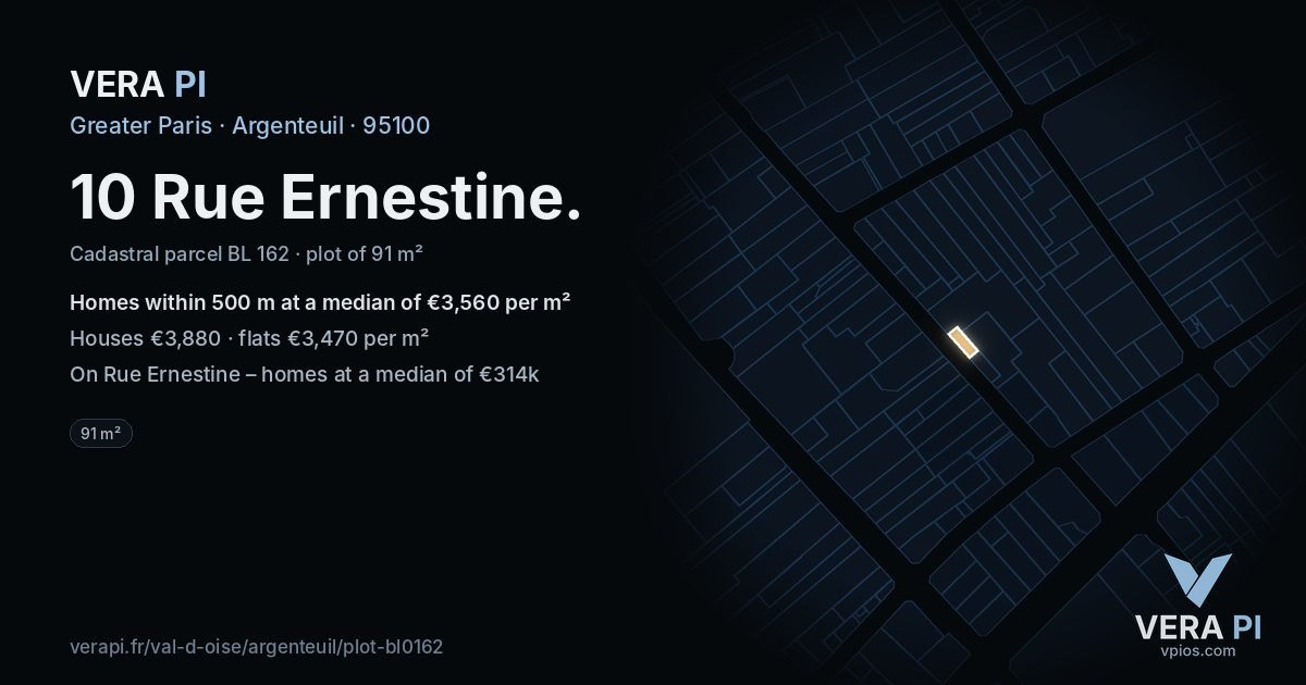 10 Rue Ernestine, Argenteuil at night – the plot lit, the parcels around coloured by the prices near them