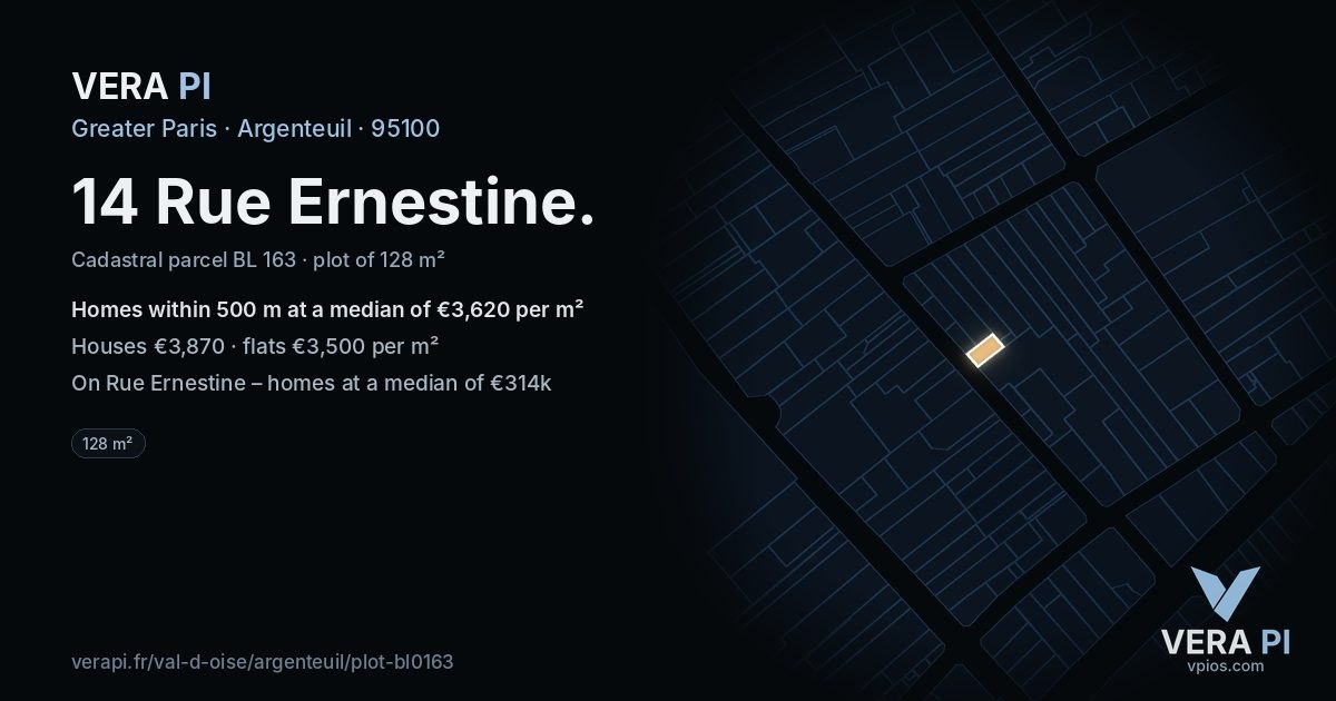 14 Rue Ernestine, Argenteuil at night – the plot lit, the parcels around coloured by the prices near them