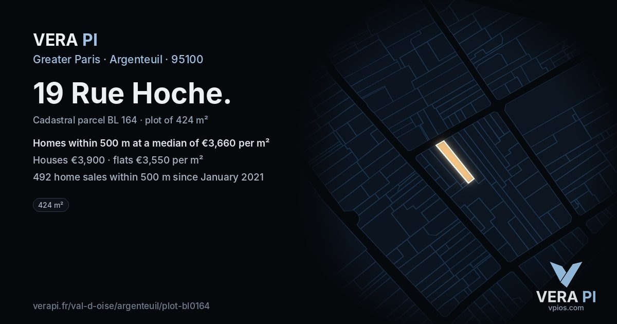 19 Rue Hoche, Argenteuil at night – the plot lit, the parcels around coloured by the prices near them