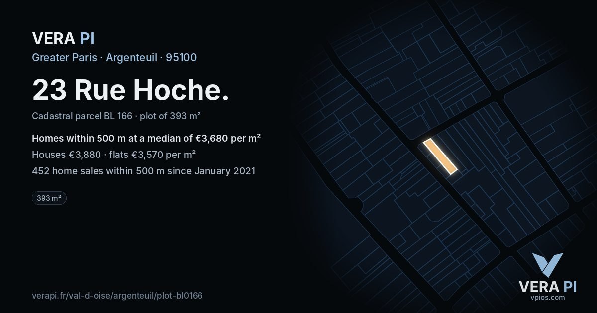 23 Rue Hoche, Argenteuil at night – the plot lit, the parcels around coloured by the prices near them