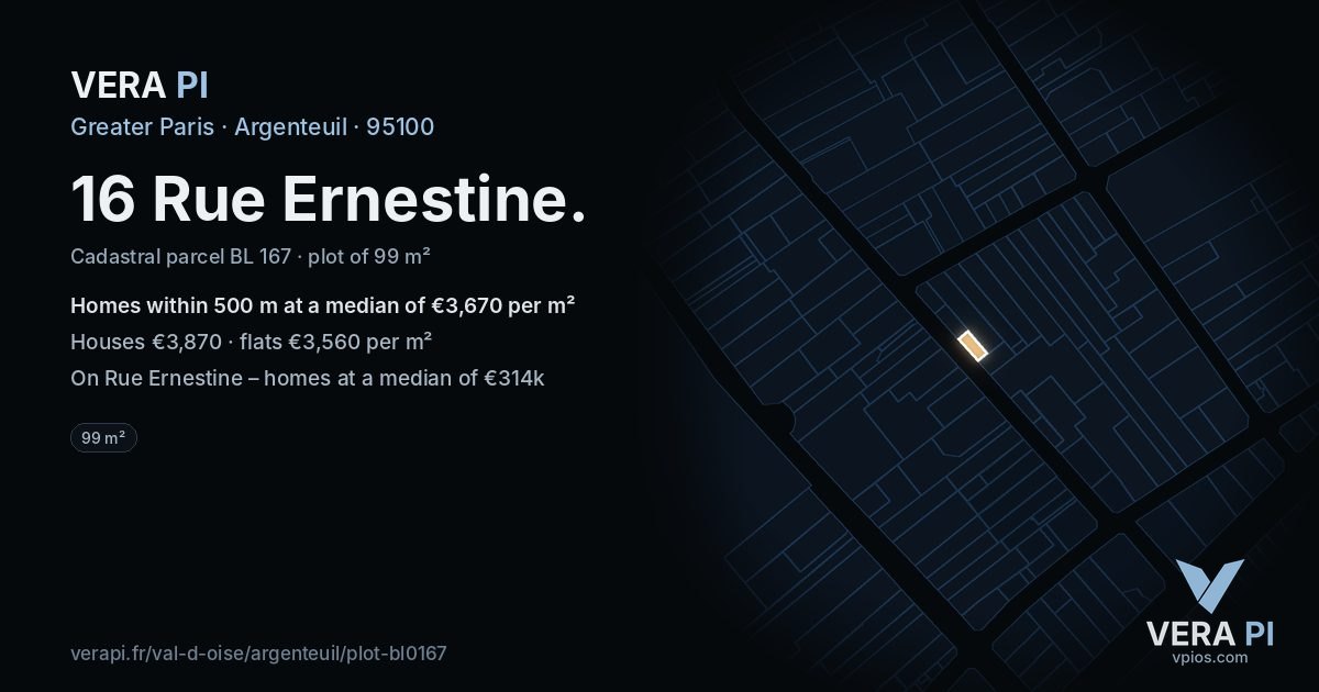 16 Rue Ernestine, Argenteuil at night – the plot lit, the parcels around coloured by the prices near them