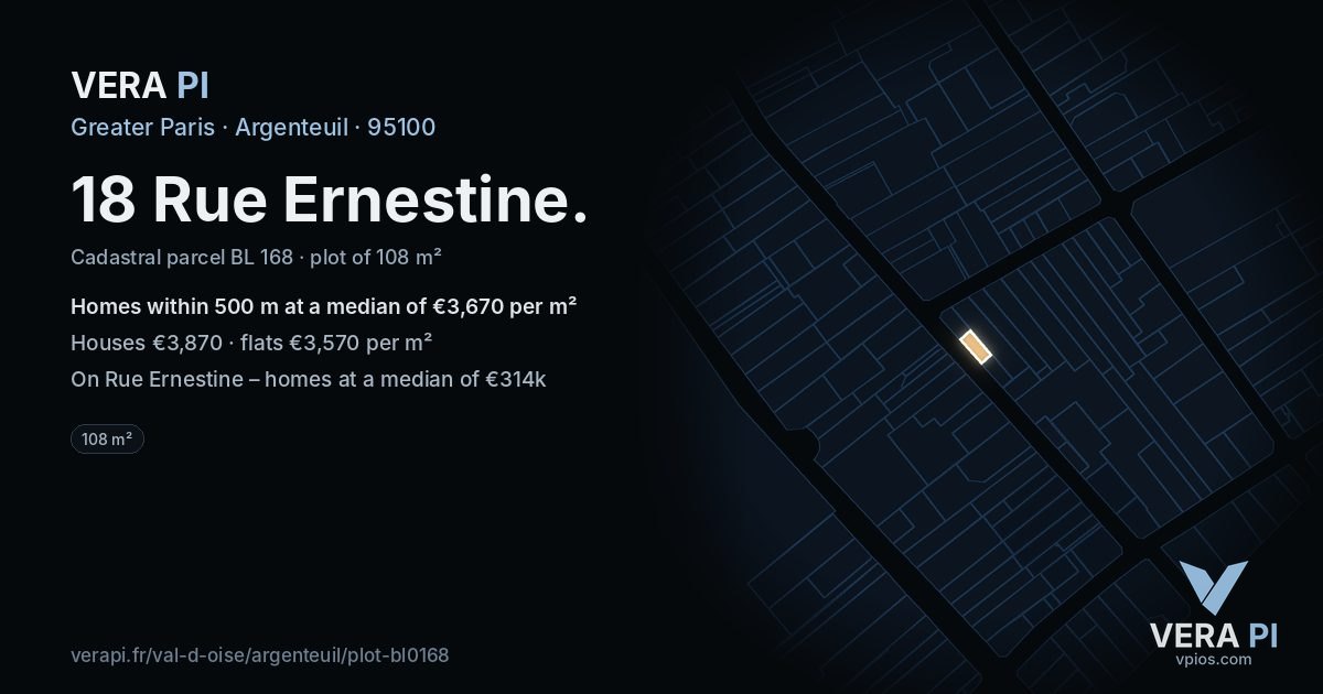 18 Rue Ernestine, Argenteuil at night – the plot lit, the parcels around coloured by the prices near them