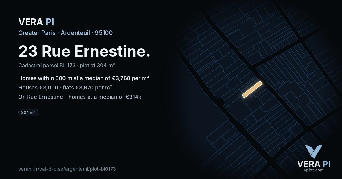23 Rue Ernestine, Argenteuil at night – the plot lit, the parcels around coloured by the prices near them