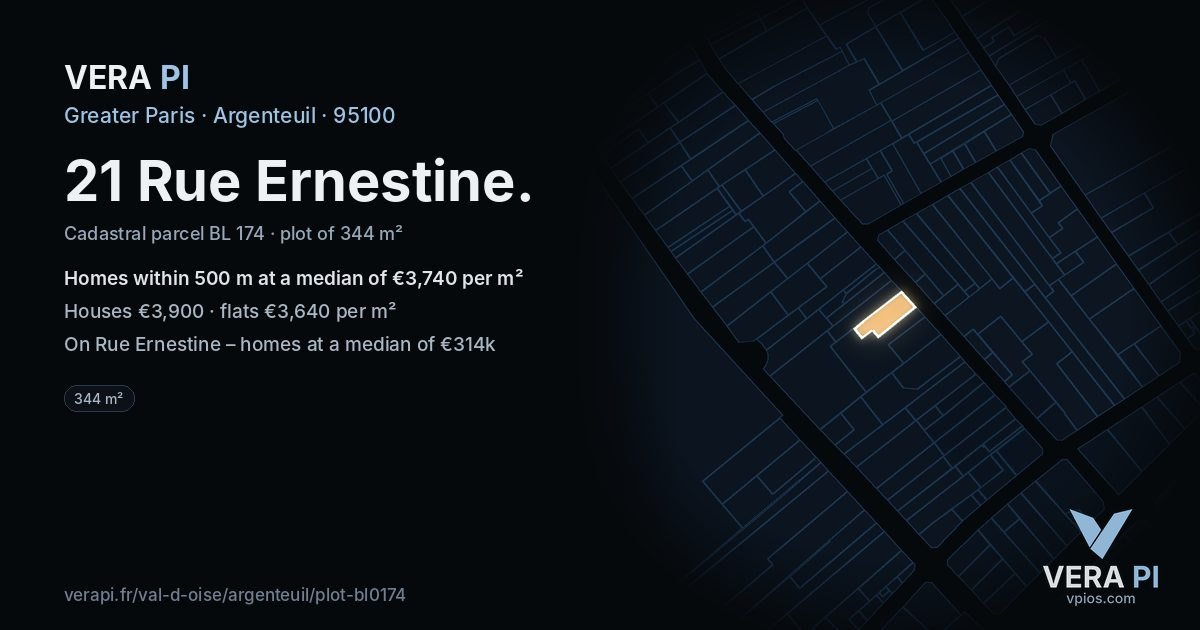21 Rue Ernestine, Argenteuil at night – the plot lit, the parcels around coloured by the prices near them