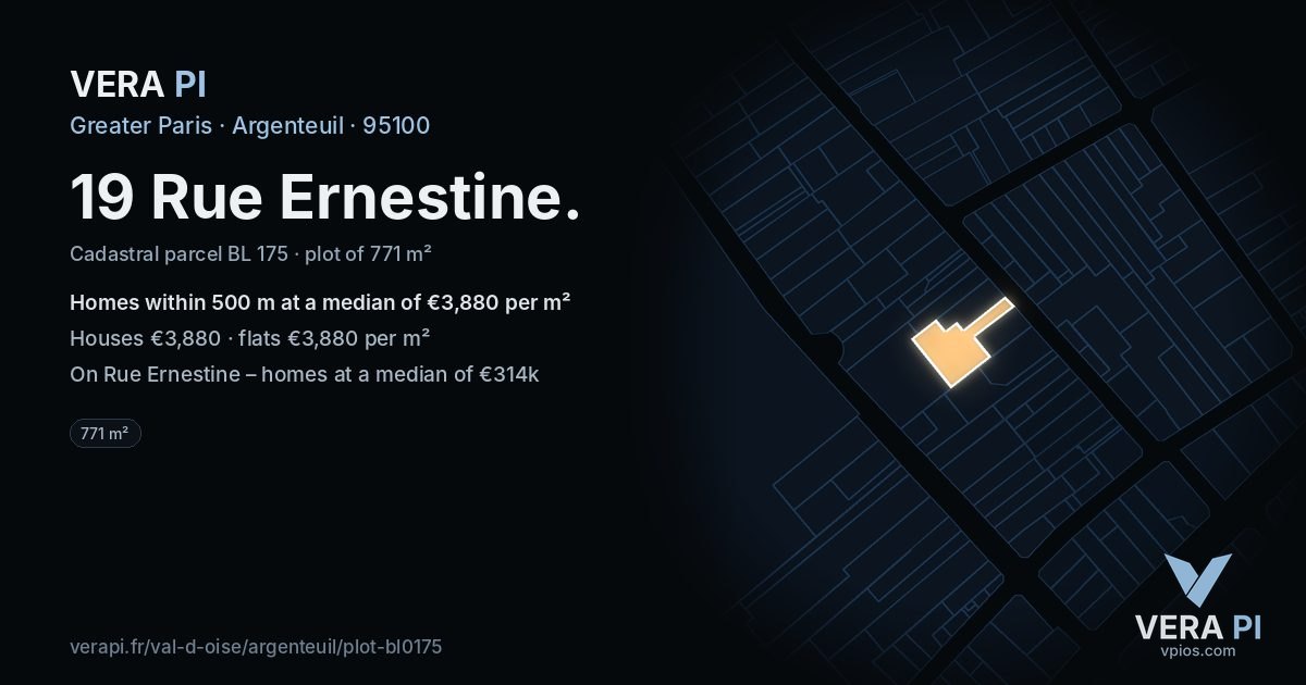 19 Rue Ernestine, Argenteuil at night – the plot lit, the parcels around coloured by the prices near them
