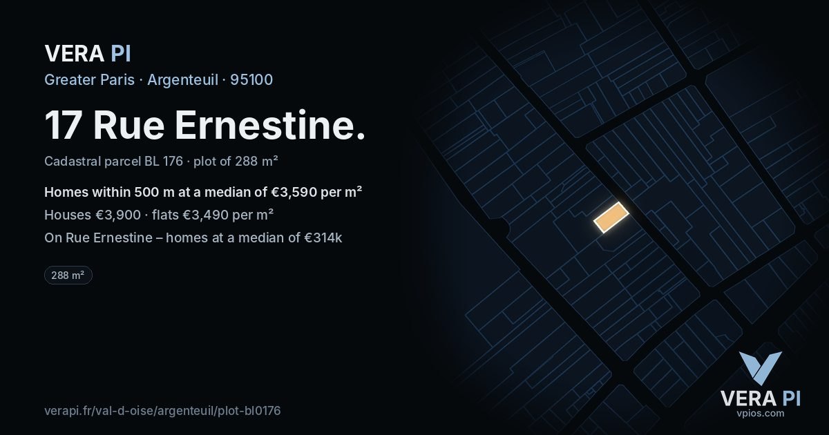 17 Rue Ernestine, Argenteuil at night – the plot lit, the parcels around coloured by the prices near them