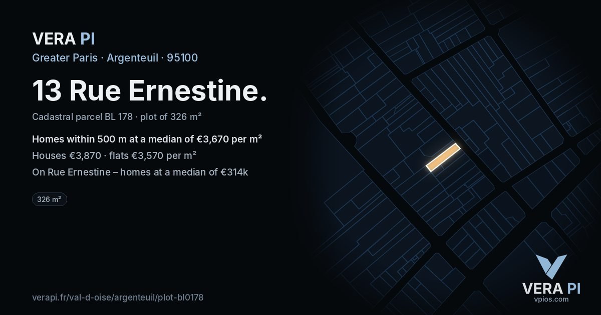 13 Rue Ernestine, Argenteuil at night – the plot lit, the parcels around coloured by the prices near them