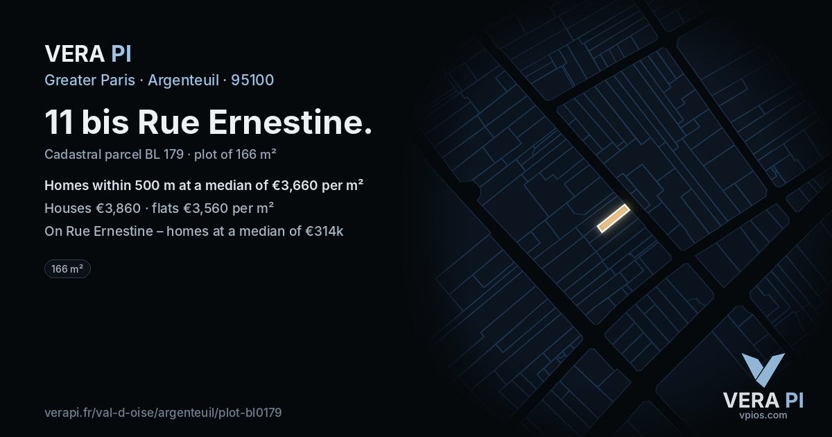 11 bis Rue Ernestine, Argenteuil at night – the plot lit, the parcels around coloured by the prices near them