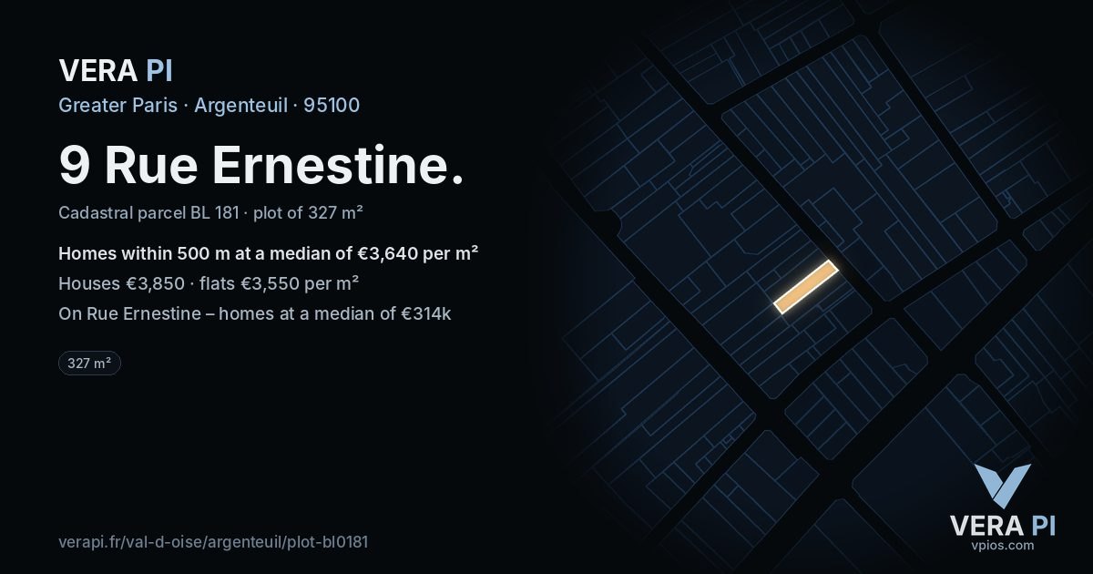 9 Rue Ernestine, Argenteuil at night – the plot lit, the parcels around coloured by the prices near them