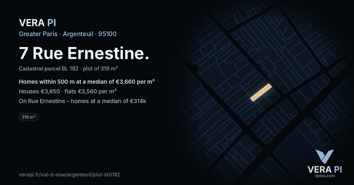 7 Rue Ernestine, Argenteuil at night – the plot lit, the parcels around coloured by the prices near them