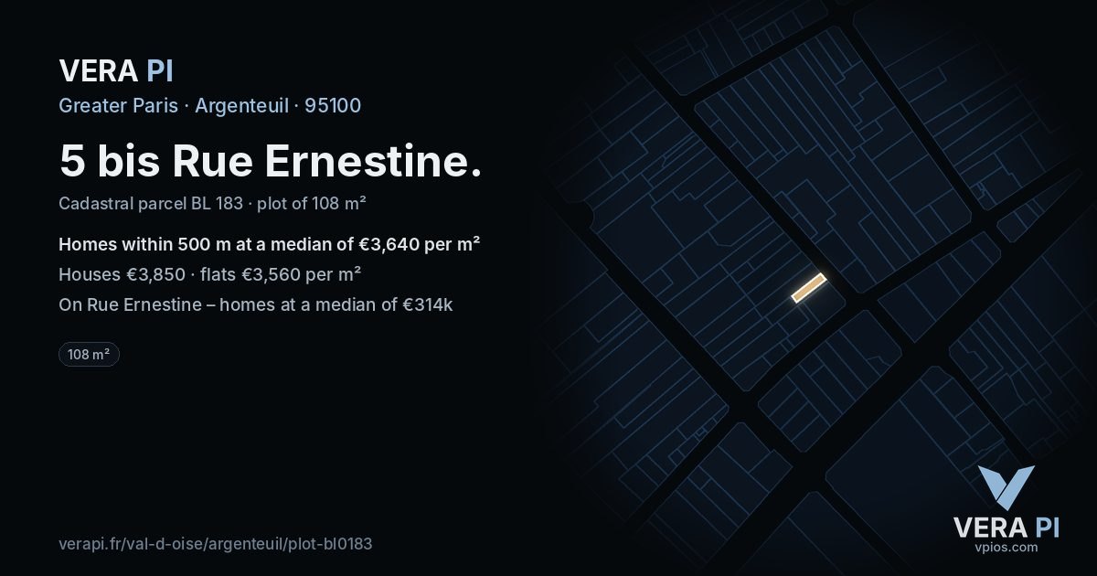 5 bis Rue Ernestine, Argenteuil at night – the plot lit, the parcels around coloured by the prices near them