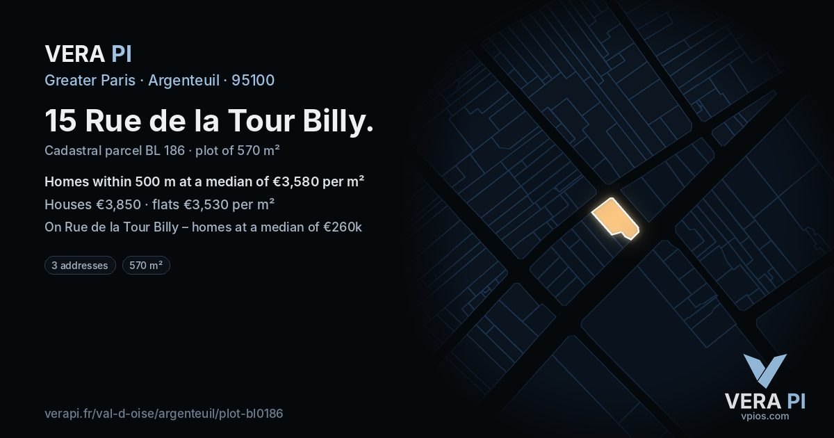15 Rue de la Tour Billy, Argenteuil at night – the plot lit, the parcels around coloured by the prices near them