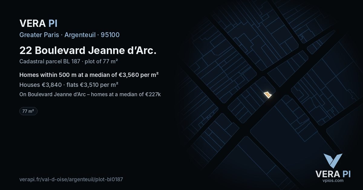 22 Boulevard Jeanne d’Arc, Argenteuil at night – the plot lit, the parcels around coloured by the prices near them