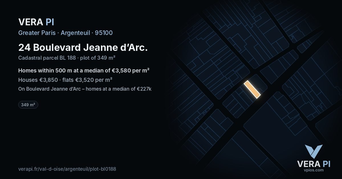 24 Boulevard Jeanne d’Arc, Argenteuil at night – the plot lit, the parcels around coloured by the prices near them
