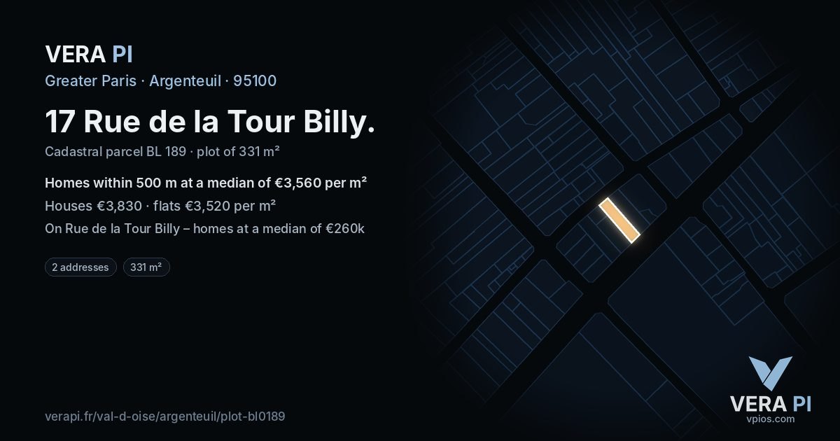 17 Rue de la Tour Billy, Argenteuil at night – the plot lit, the parcels around coloured by the prices near them