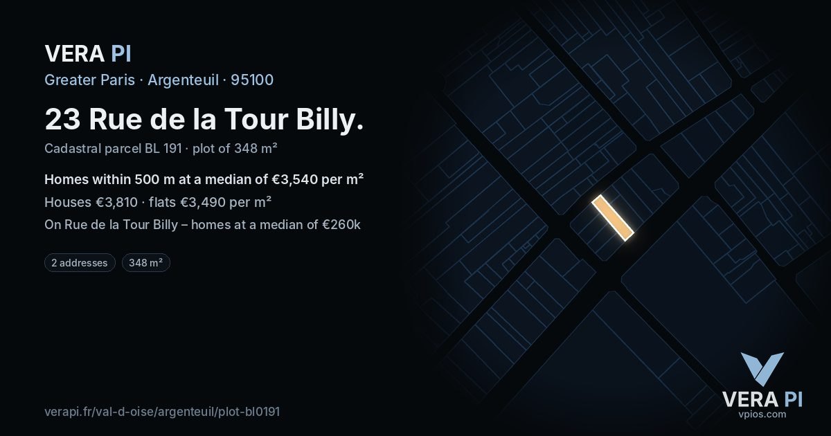 23 Rue de la Tour Billy, Argenteuil at night – the plot lit, the parcels around coloured by the prices near them