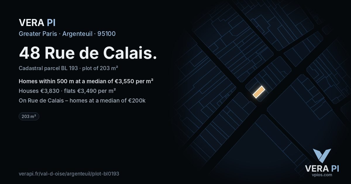 48 Rue de Calais, Argenteuil at night – the plot lit, the parcels around coloured by the prices near them