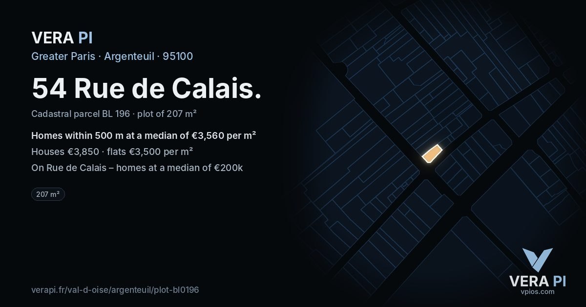 54 Rue de Calais, Argenteuil at night – the plot lit, the parcels around coloured by the prices near them