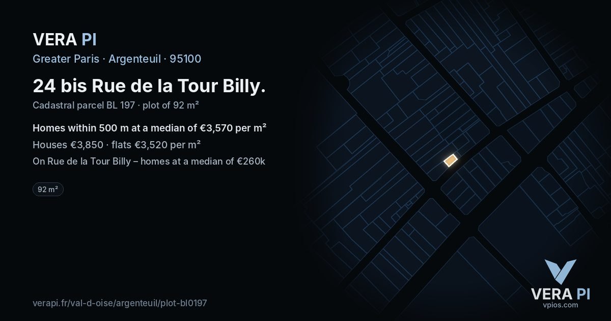 24 bis Rue de la Tour Billy, Argenteuil at night – the plot lit, the parcels around coloured by the prices near them