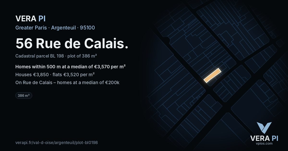 56 Rue de Calais, Argenteuil at night – the plot lit, the parcels around coloured by the prices near them