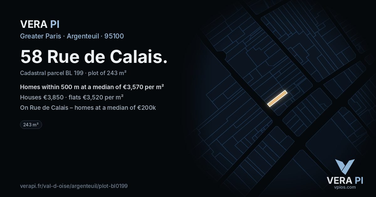 58 Rue de Calais, Argenteuil at night – the plot lit, the parcels around coloured by the prices near them