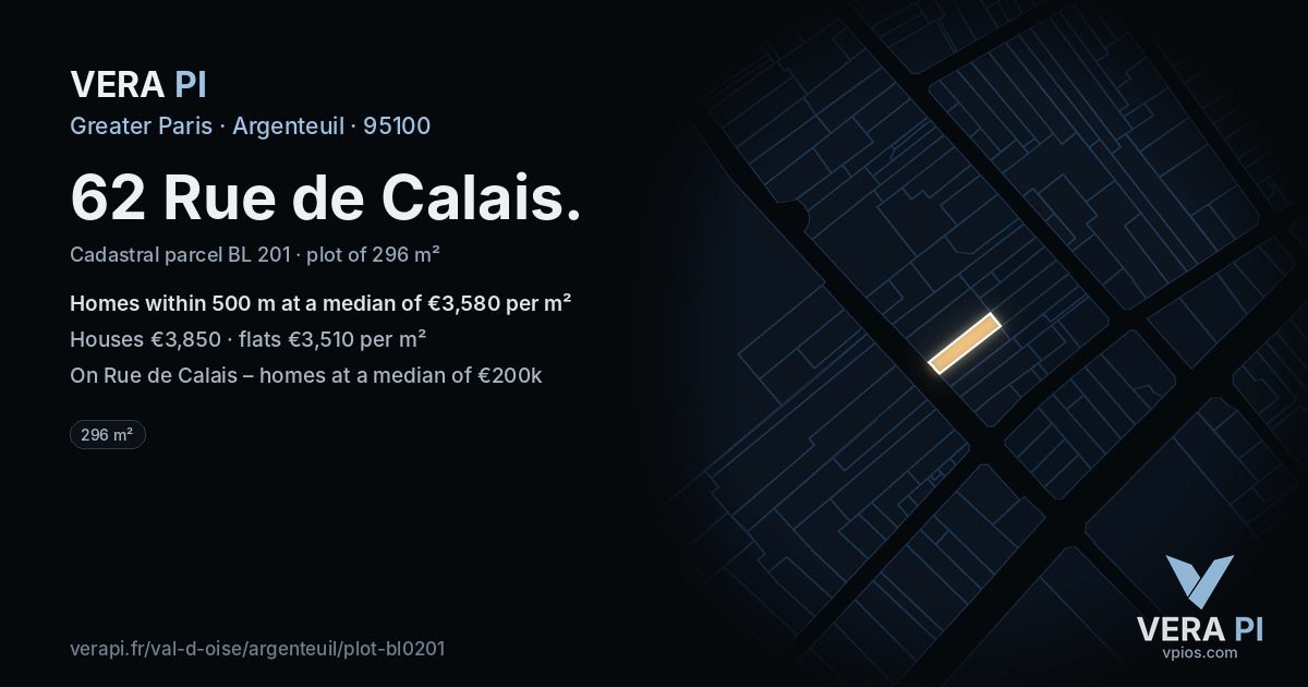 62 Rue de Calais, Argenteuil at night – the plot lit, the parcels around coloured by the prices near them