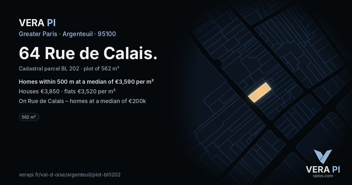 64 Rue de Calais, Argenteuil at night – the plot lit, the parcels around coloured by the prices near them