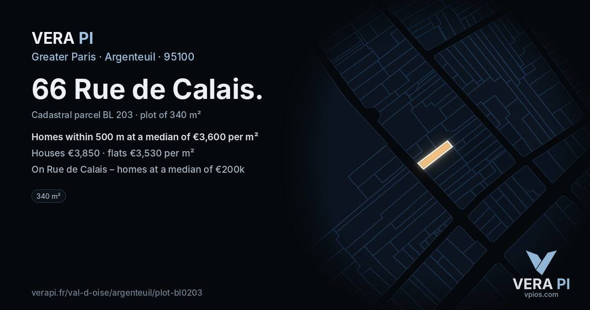 66 Rue de Calais, Argenteuil at night – the plot lit, the parcels around coloured by the prices near them