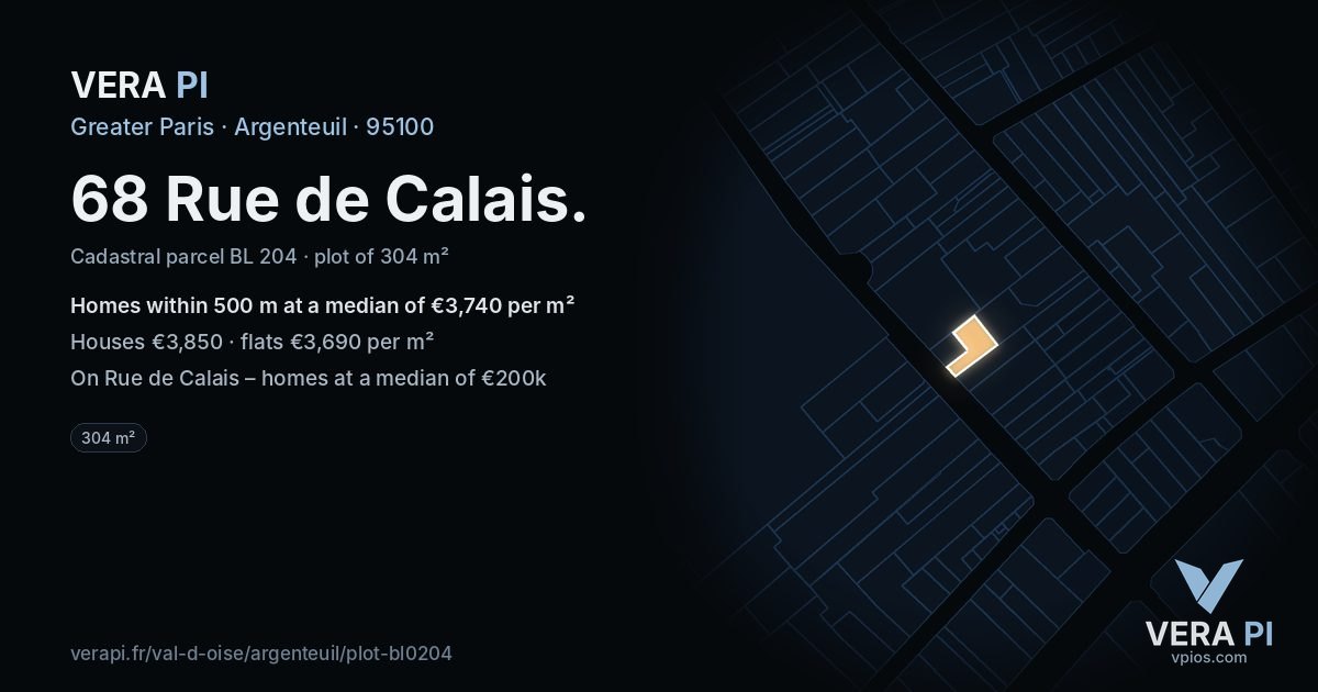 68 Rue de Calais, Argenteuil at night – the plot lit, the parcels around coloured by the prices near them