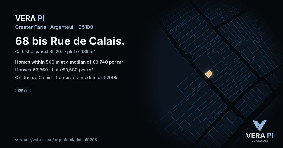 68 bis Rue de Calais, Argenteuil at night – the plot lit, the parcels around coloured by the prices near them