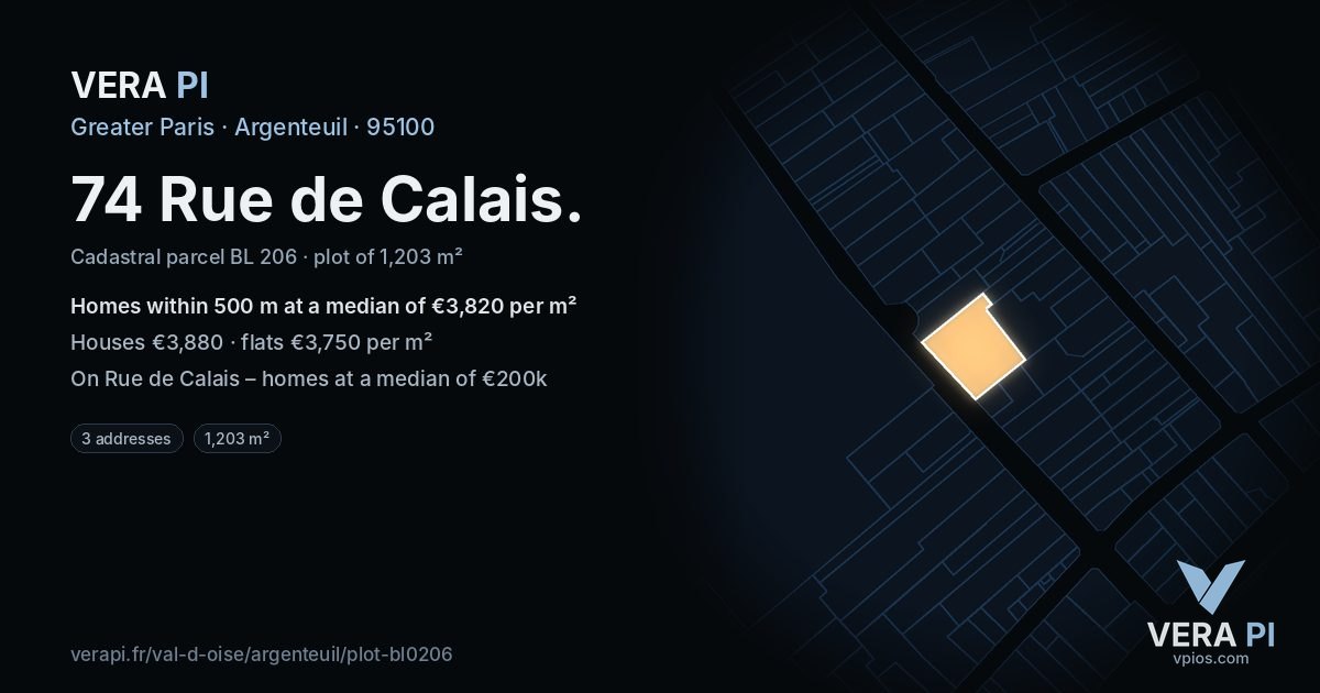 74 Rue de Calais, Argenteuil at night – the plot lit, the parcels around coloured by the prices near them