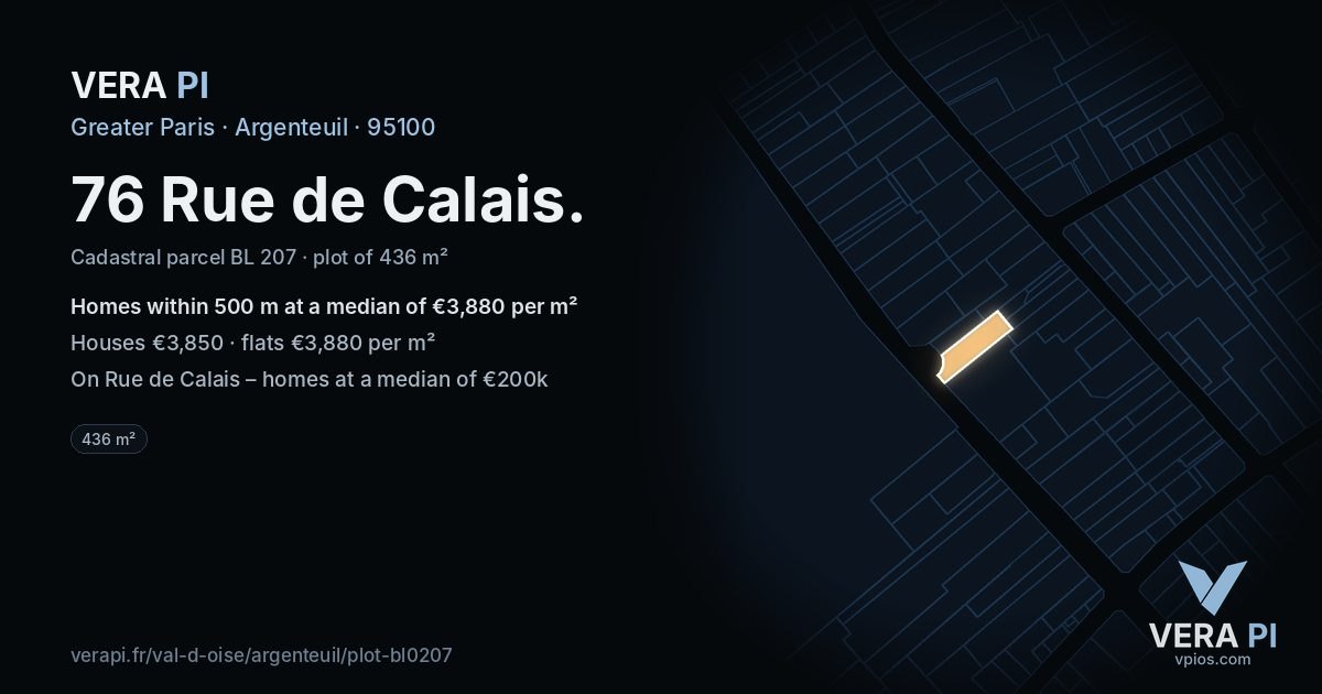 76 Rue de Calais, Argenteuil at night – the plot lit, the parcels around coloured by the prices near them