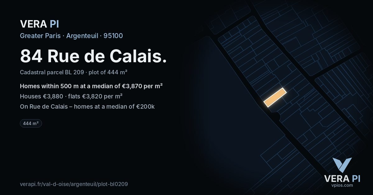 84 Rue de Calais, Argenteuil at night – the plot lit, the parcels around coloured by the prices near them
