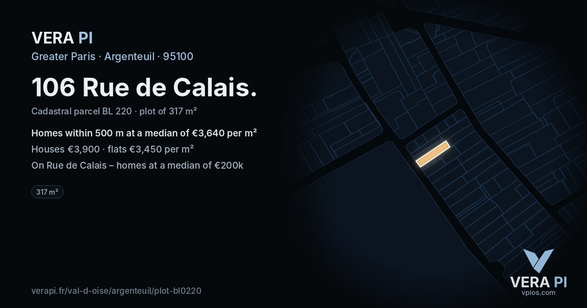106 Rue de Calais, Argenteuil at night – the plot lit, the parcels around coloured by the prices near them